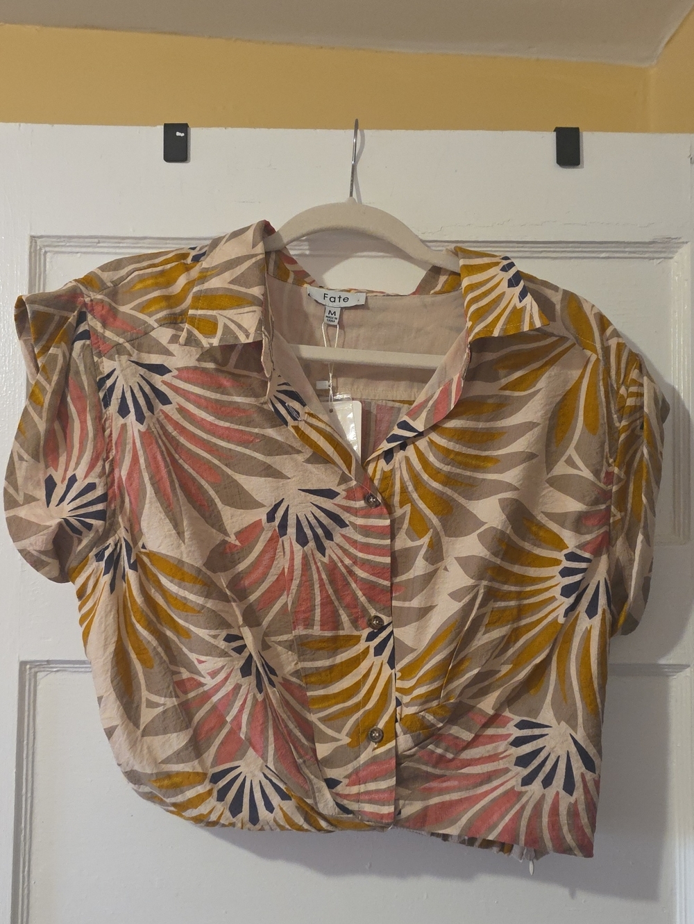 Fate Button-Front Crop Shirt in Pink, Mustard and Navy Floral